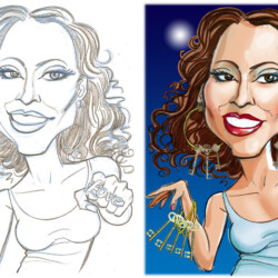 Split image showing a woman's caricature: left side in pencil sketch, right side in color holding "love" and keys.