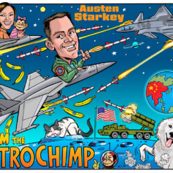 Cartoon of a pilot flying a jet, missiles, bananas, pets, a rocket, and space elements with "Ham the Astrochimp" text.