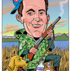Caricature of a man in camouflage with a shotgun, dog, Iowa cooler, vodka bottle, ducks flying, and a falling bird.