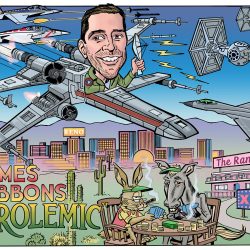 Cartoon of a man piloting an X-wing over Reno, with Star Wars ships, animals playing cards, and a building marked "The Ranch XXX.
