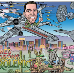 Cartoon of a man piloting an X-wing over Reno, with Star Wars ships, animals playing cards, and a building marked "The Ranch XXX.