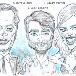 Caricature drawing of three people labeled as Steve Buscemi, Daniel Radcliffe, and Samara Weaving, smiling and posing.