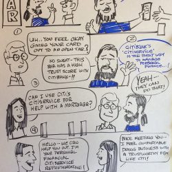 Comic strip showing people at a bar discussing use of Citibank's CitiService for trustworthy personal finance management.