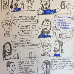Comic strip showing people at a bar discussing use of Citibank's CitiService for trustworthy personal finance management.