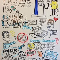 Illustrated overview of payment platforms, security risks, personal info, cryptocurrency, and financial transactions.