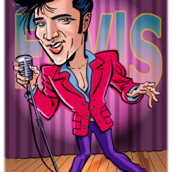 Cartoon of a man in a red suit singing into a microphone on stage with "ELVIS" written in large letters behind him.