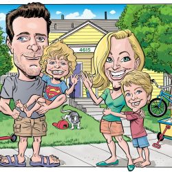 A cartoon family of four poses smiling in front of a yellow house with pets, toys, and bikes in the yard.