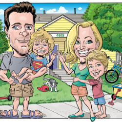 A cartoon family of four poses smiling in front of a yellow house with pets, toys, and bikes in the yard.