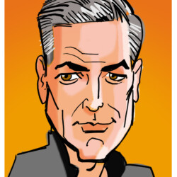 A digital caricature of a middle-aged man with gray hair and a serious expression on an orange background.