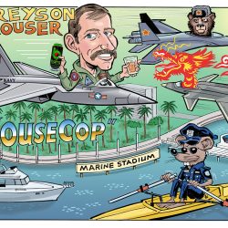 Cartoon of a pilot holding a can, a jet, a fighter jet with a monkey, a police mouse in a boat, and "GREYSON MOUSER" text.