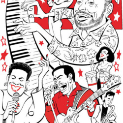 Illustration of musicians playing instruments and singing, with a piano, guitar, trumpet, saxophone, and red stars in the background.