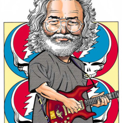 Cartoon illustration of a bearded man with glasses holding a guitar, with colorful skull logos in the background.