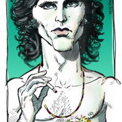 Illustration of a shirtless man with curly hair smoking and a crowned lizard on his chest against a teal background.