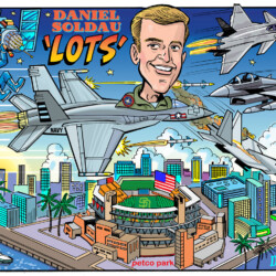 Cartoon of Daniel Soldau flying Navy jets over Petco Park in San Diego, with city and ocean in the background.