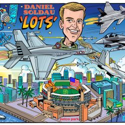 Cartoon of Daniel Soldau flying Navy jets over Petco Park in San Diego, with city and ocean in the background.