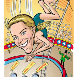 A person in a swimsuit dives from a ladder toward labeled buckets marked Sales, Production, and Creative in a circus setting.