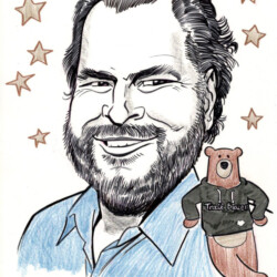 Caricature of a smiling man with stars around his head, next to a bear wearing a "Trailblazer" hoodie.