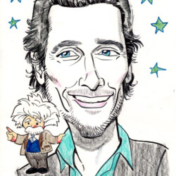 Caricature of a smiling man with blue eyes and a small cartoon Einstein figure on his shoulder, stars in the background.