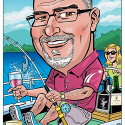 Caricature of a man fishing on a boat, holding a wine glass, with wine bottles and a woman in the background.
