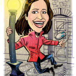 Caricature of a woman in a red coat, holding a lamp post and a computer mouse, jumping on a rainy street.