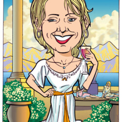 Caricature of a smiling woman in a white dress holding a glass of wine, with a scenic outdoor background.