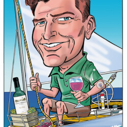 Caricature of a man on a sailboat holding a wine glass, with wine bottles nearby and a shark fin in the water.