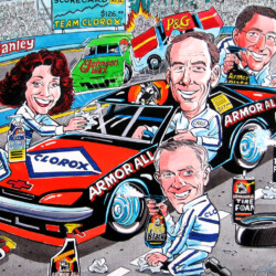 Cartoon of racing pit crew with Armor All and Clorox logos, labeled cars, and branded sponsorships in the background.