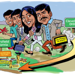 Four people walk from a Cleveland, Ohio sign toward Bakersfield, California, carrying luggage and a “California or Bust!” sign.