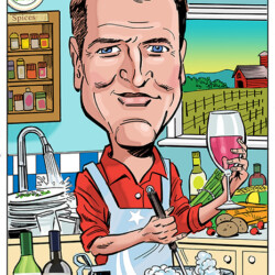 Cartoon man cooking in a kitchen, holding a glass of wine with wine bottles, vegetables, and a farm scene outside.