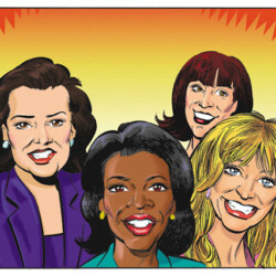 Illustration of four smiling women with different hair colors, standing together against an orange gradient background.