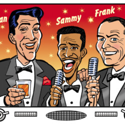 Cartoon of three men in tuxedos labeled Dean, Sammy, and Frank, holding microphones and a drink, on a TV screen.