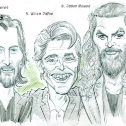 A pencil sketch caricature of three men labeled as Keanu Reeves, Willem Dafoe, and Jason Momoa, with exaggerated features.