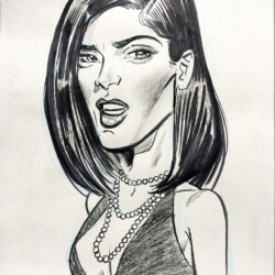 Black and white caricature drawing of a woman with straight hair, wearing a necklace and an open-mouthed expression.