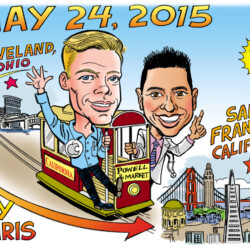 Cartoon of two men on a San Francisco cable car, with Cleveland and San Francisco landmarks, dated May 24, 2015.
