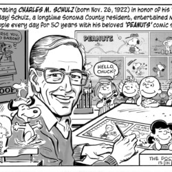Cartoon of Charles M. Schulz at his desk, surrounded by Peanuts characters, celebrating his 100th birthday.