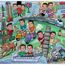 Cartoon of two men sightseeing famous European landmarks in 2005, with multiple versions of each man at each location.
