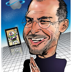 Caricature of a smiling man in glasses with an Apple logo and a Buzz Lightyear image in the background.
