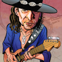 Cartoon of a long-haired guitarist in a hat and blue shirt, playing an electric guitar labeled “SRV” on the strap.