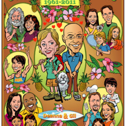 Cartoon illustration celebrating Deanna and Gil's 50th anniversary, featuring family members and various hobbies.