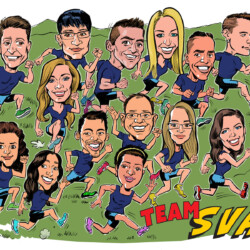 Caricature of a group of people running outdoors, wearing matching athletic outfits with text "TEAM SVA" in the corner.