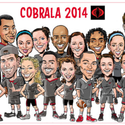 Caricature of a mixed-gender sports team named COBRALA 2014, with members in black uniforms posing together.