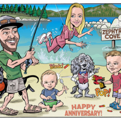 Cartoon family at Zephyr Cove: dad fishing, mom on zipline, two kids, dog with rose, lake and mountains in background.