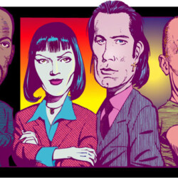 Illustration of four serious-looking characters, each with arms crossed, against a gradient background.