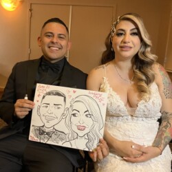 A man and woman in formal attire hold a caricature drawing of themselves with the text "June 10, 2023 Wedding Day.