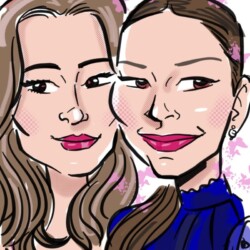 A stylized illustration of two women smiling, with butterfly shapes in the pink background.