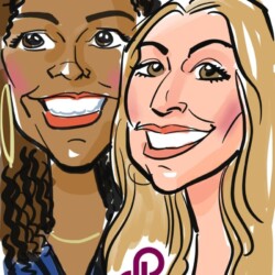 Caricature of two women smiling, one with dark curly hair and the other with straight blonde hair, on a white background.