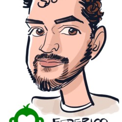 Caricature of a man with curly hair and beard, labeled "Federico," for San Mateo SurveyMonkey Social 2024.