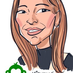 Caricature of a smiling woman with long hair, labeled "Michelle" at San Mateo SurveyMonkey Social 2024.