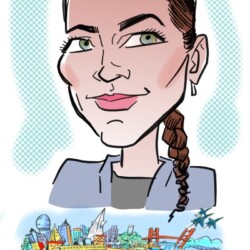 Caricature of a woman with a braid; Marriott Bonvoy cruise ship and cityscape in the background.