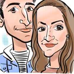 Caricature of a man and woman with "Research Bay Area Holiday Party 2024" text at the bottom.